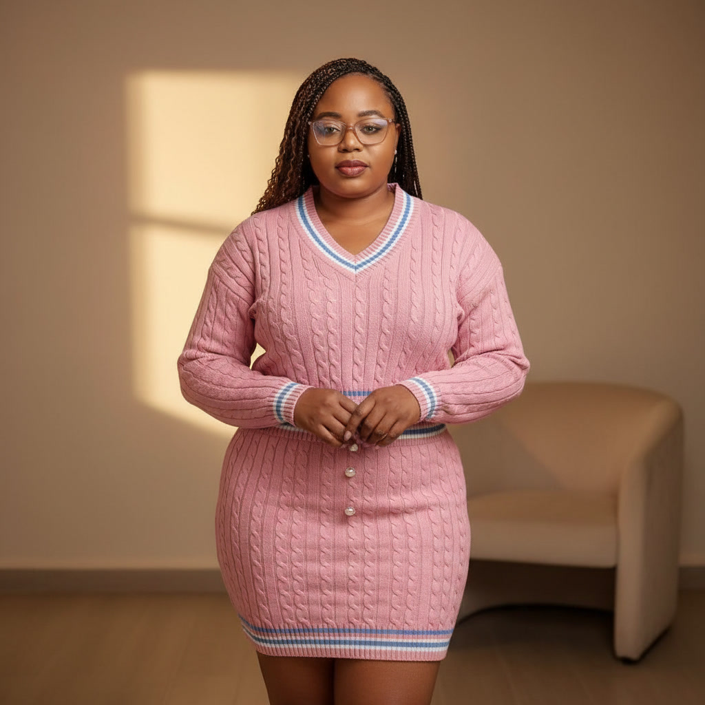 Felicia Oluwaseun Goualin in a pink cable knit outfit