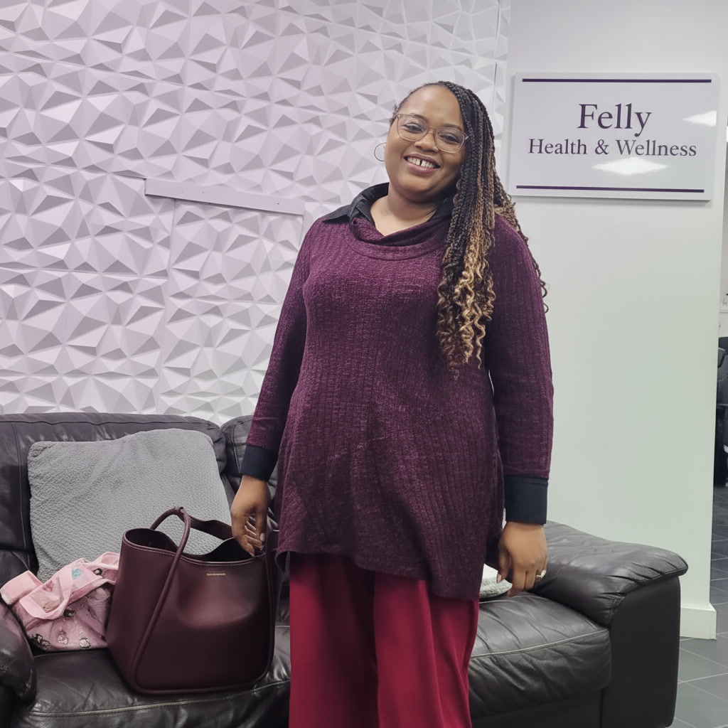 Felicia wearing burgundy Charles & Keith tote at clinic